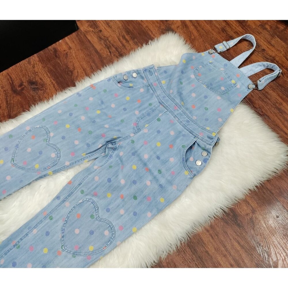 Boden 100% Cotton Girls Size 13-14Y Polka Dot Denim Dungarees Overalls Blue - Picture 4 of 13